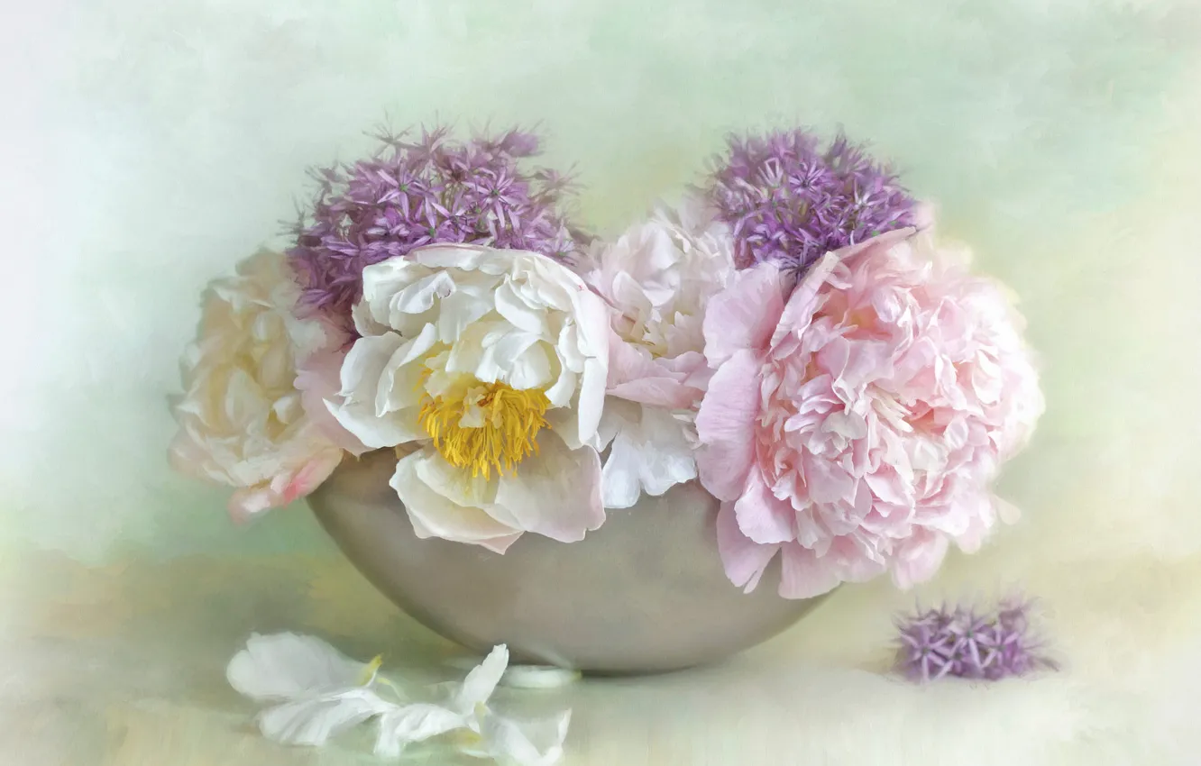 Photo wallpaper flowers, background, bouquet, petals, art, pink, white, painting