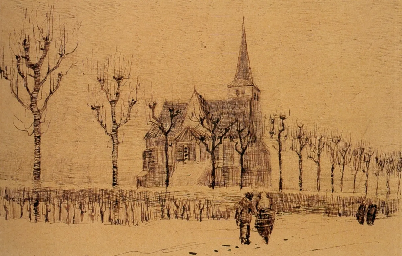 Photo wallpaper trees, house, people, Landscape, Vincent van Gogh, with a Church 2