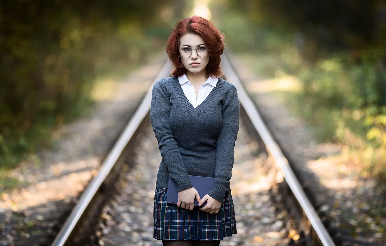 Photo wallpaper school uniform, stockings, model, women, redhead, railway, glasses, books