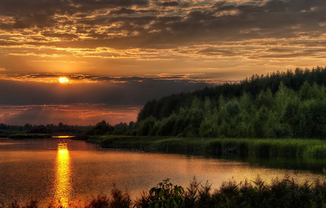 Photo wallpaper landscape, sunset, nature, river