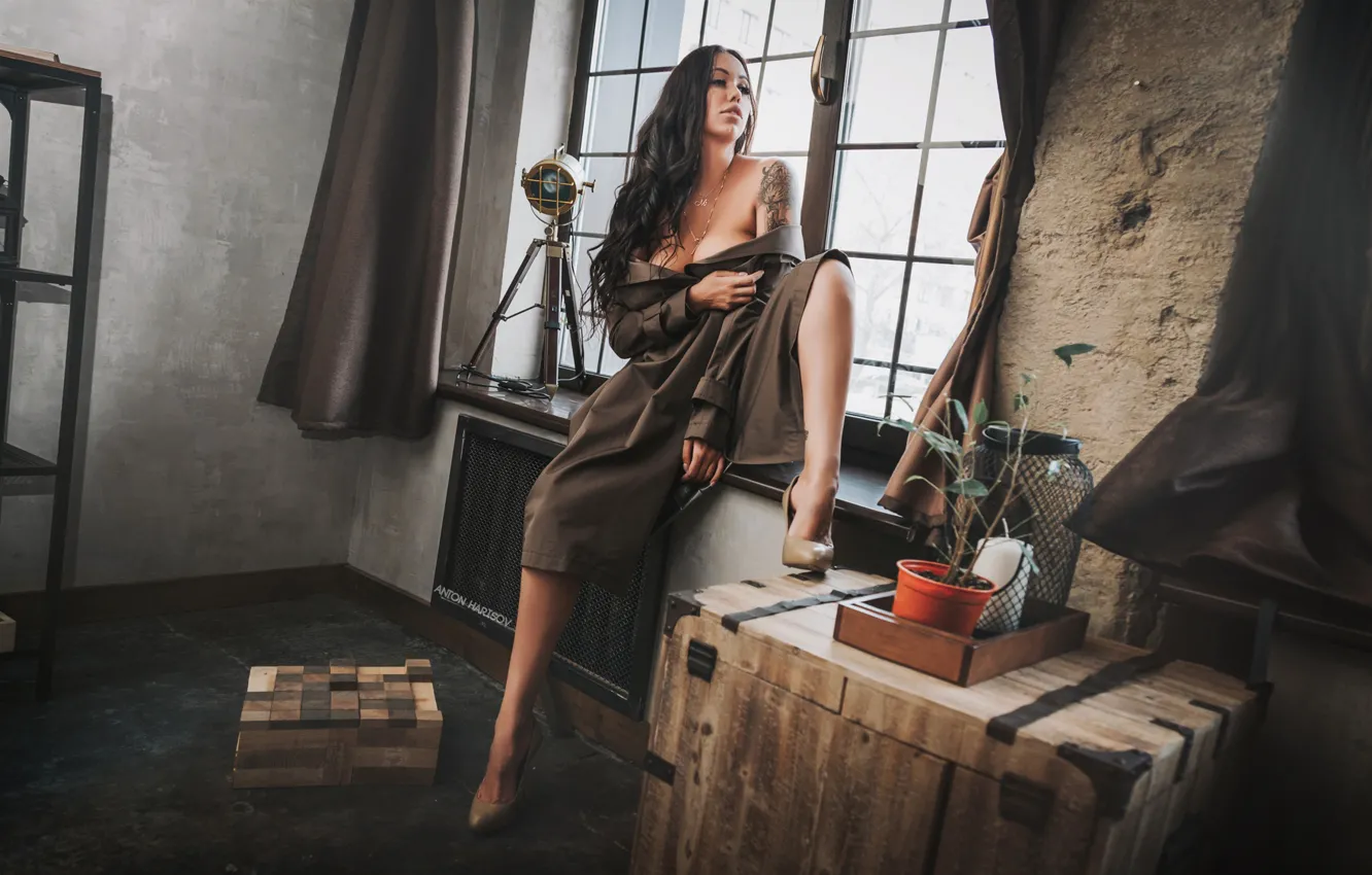 Photo wallpaper pose, feet, model, tattoo, window, box, Anton Kharisov, Sasha Versailles
