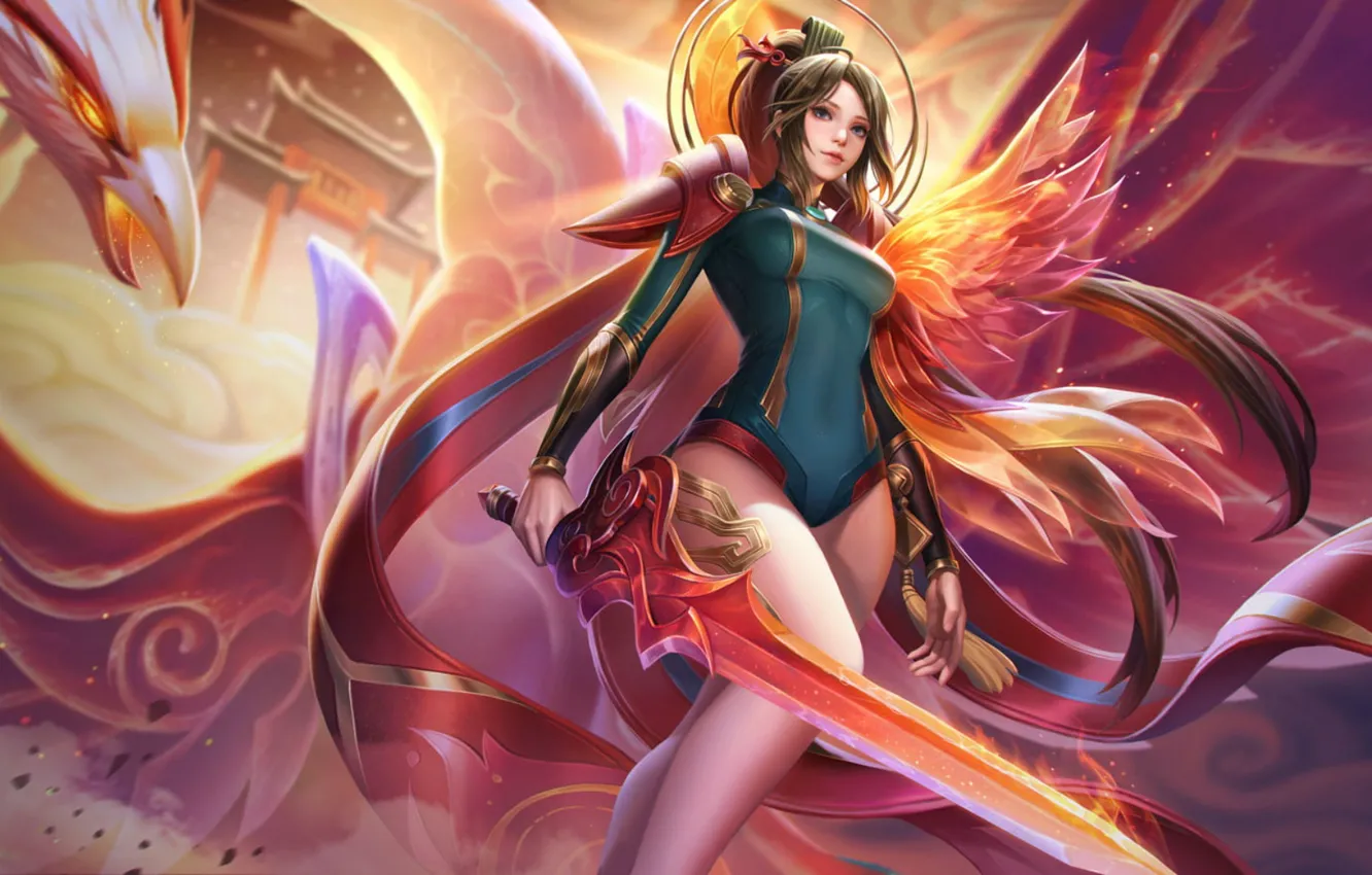 Photo wallpaper pose, sword, arch, arena, beautiful girl, mob, online, slim figure