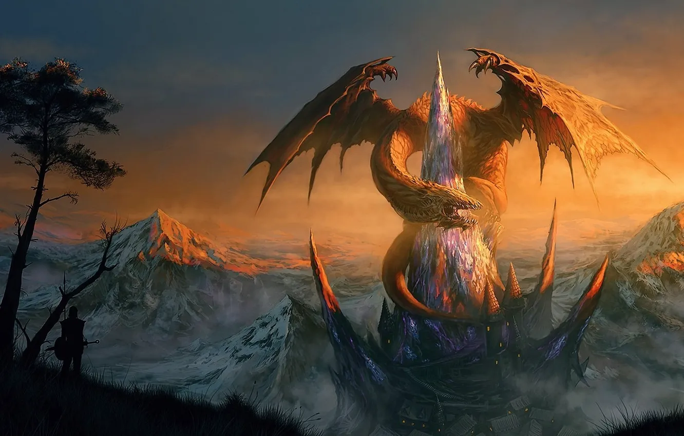 Photo wallpaper castle, rocks, dragon, people, home, art, fortress, peak