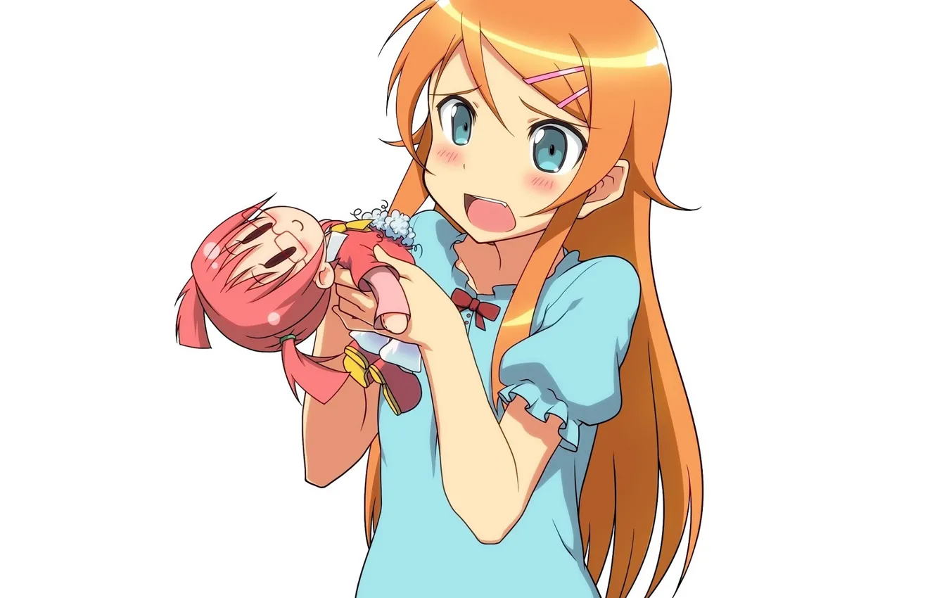 Photo wallpaper blue, surprise, doll, white background, blouse, blush, long hair, art