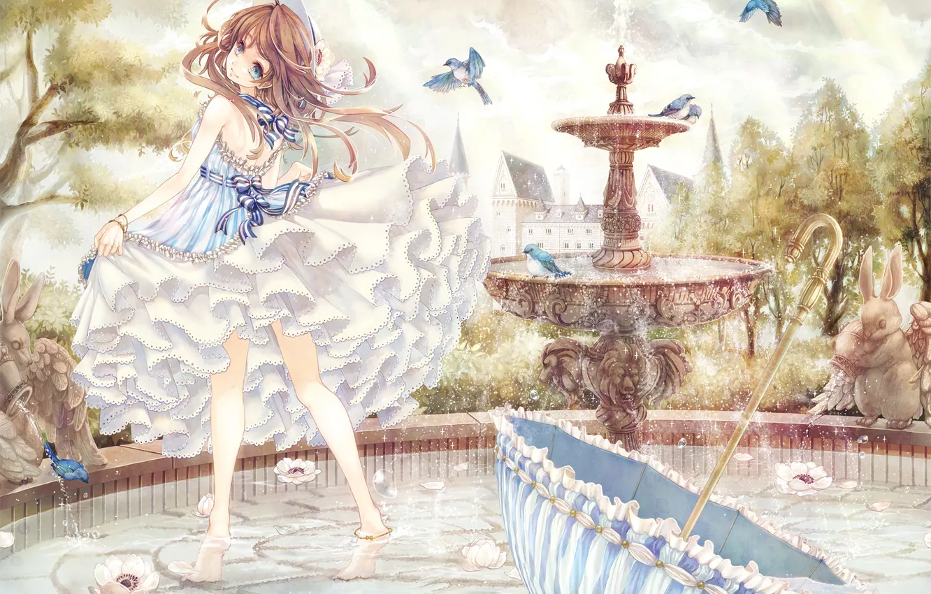 Photo wallpaper girl, trees, umbrella, bird, hat, dress, fountain, blue eyes