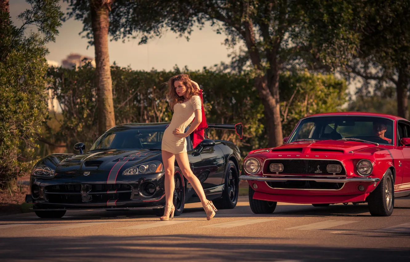 Photo wallpaper girl, model, Mustang, Ford, Dodge, red, muscle car, black