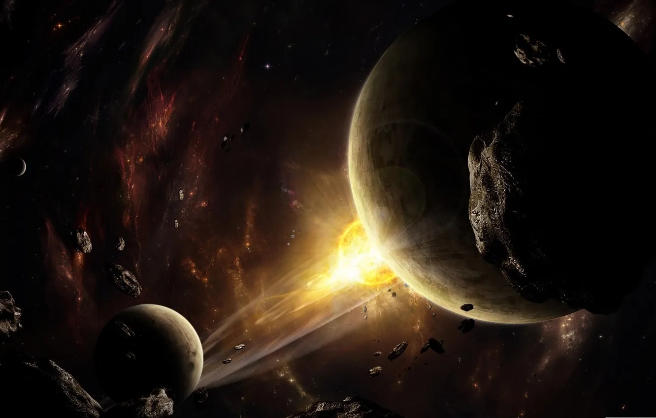 Photo wallpaper the explosion, space, planet, flash, asteroids, space