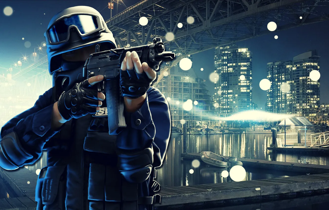 Photo wallpaper bridge, the city, skyscrapers, special forces, shooter, Point Blank, Free-to-play, UMP45