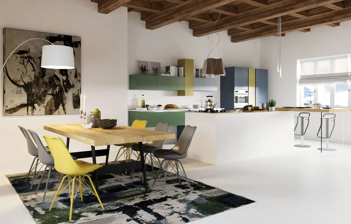 Photo wallpaper design, style, Villa, interior, kitchen, dining room, Wood meets metal, 2025 Interior Design Trends