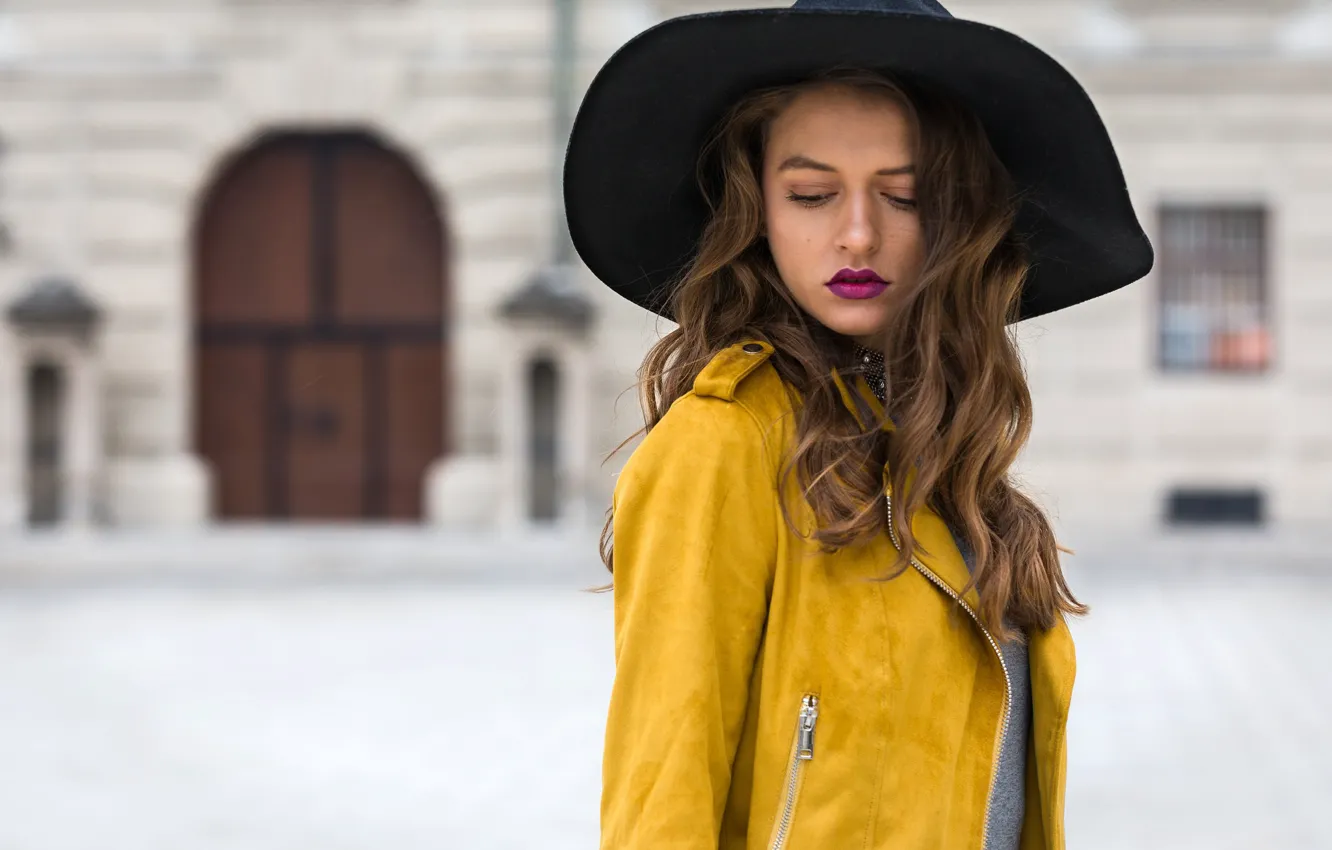 Photo wallpaper girl, model, hat, jacket, bokeh, Strawberry