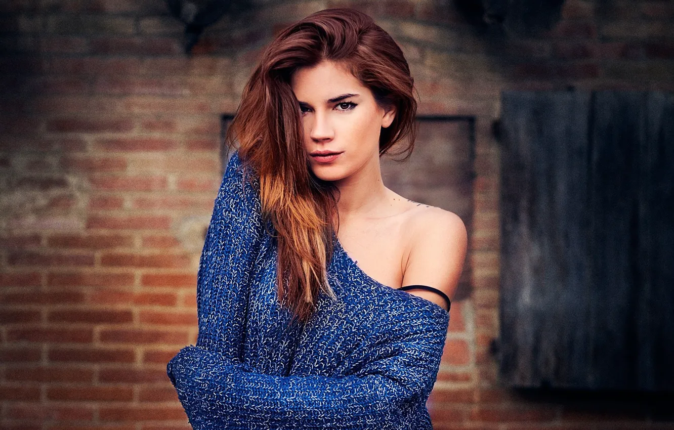 Photo wallpaper look, sexy, pose, background, wall, model, brick, makeup