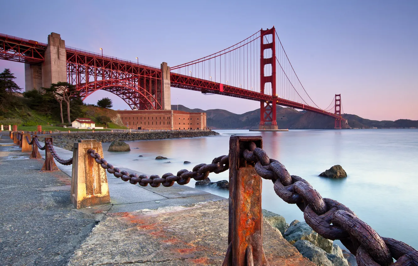 Photo wallpaper bridge, the city, Strait, stones, the evening, fence, CA, San Francisco