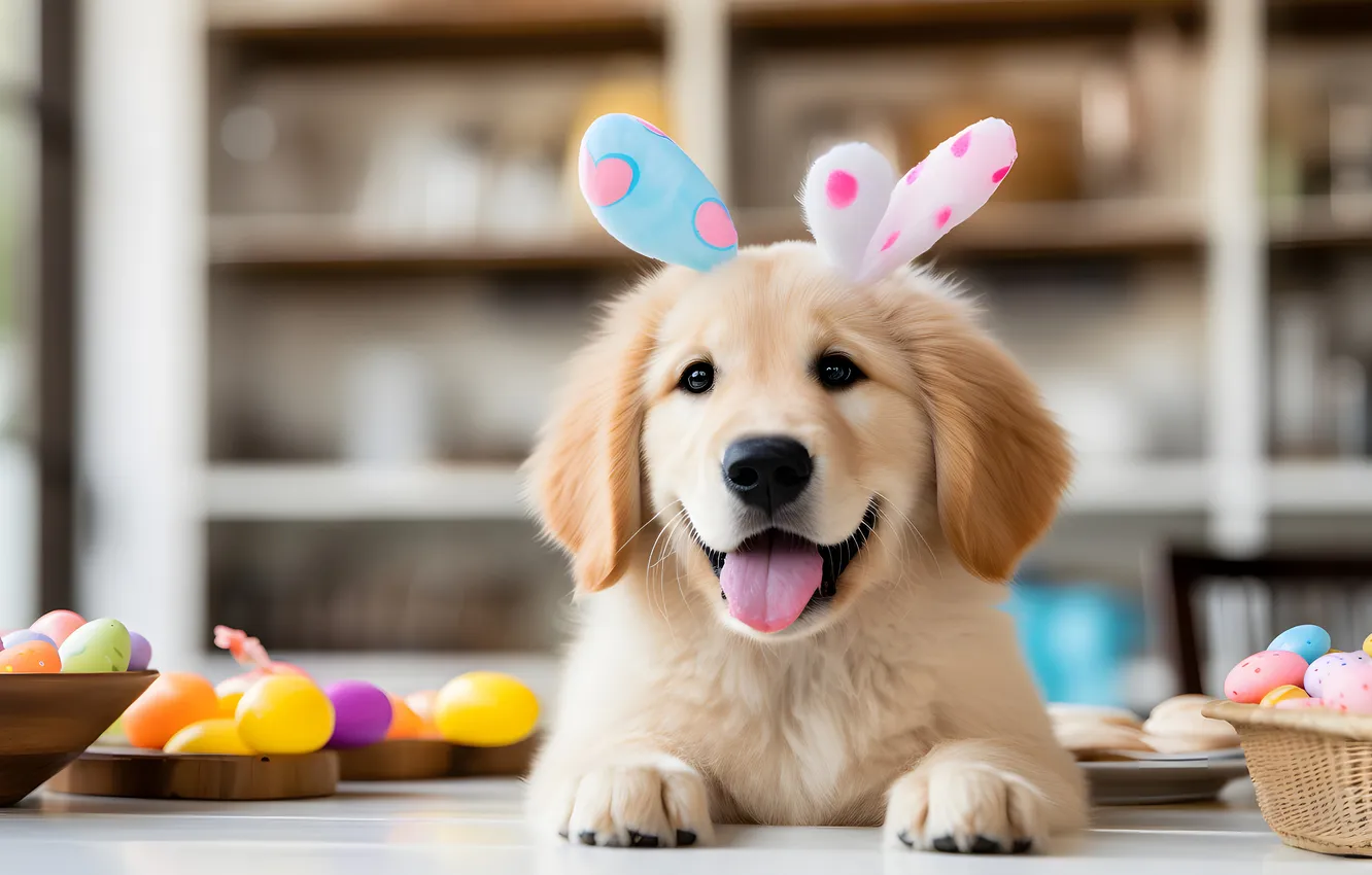 Photo wallpaper language, look, table, holiday, portrait, eggs, legs, dog