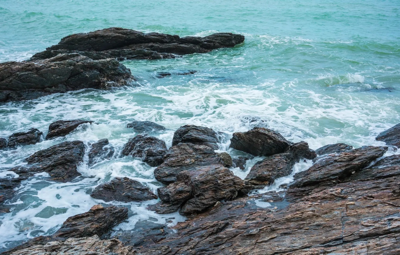 Photo wallpaper sand, sea, wave, beach, summer, the sky, stones, shore