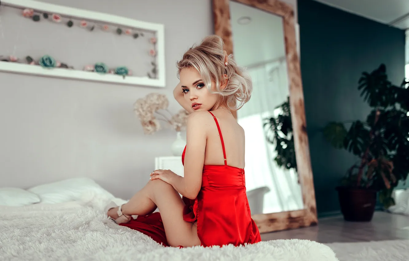 Photo wallpaper girl, bed, mirror, red dress, ★ Sasha Rusko★