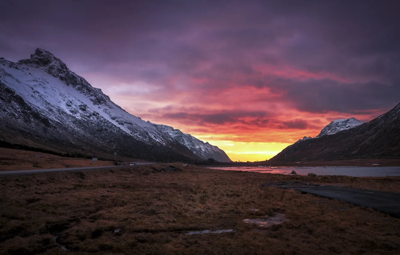 Photo wallpaper road, mountains, dawn, morning, valley, Norway