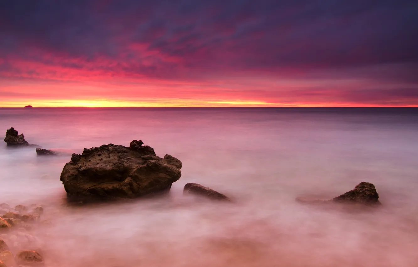 Photo wallpaper sea, the sky, landscape, nature, stones, background, pink, widescreen