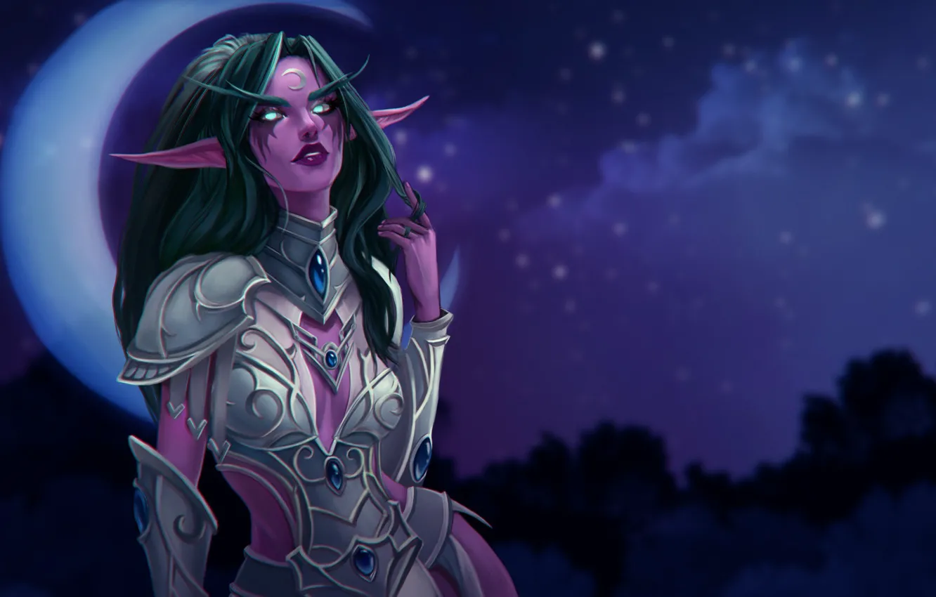 Photo wallpaper elf, figure, a month, art, World of Warcraft, Night Elf, warcraft, Illustration