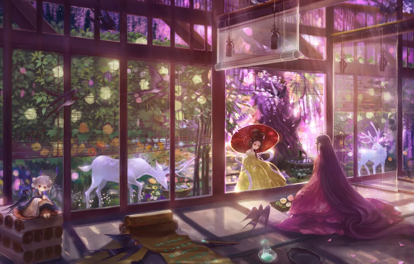 Photo wallpaper girls, umbrella, garden, kimono, deer, flowering, long hair, veranda