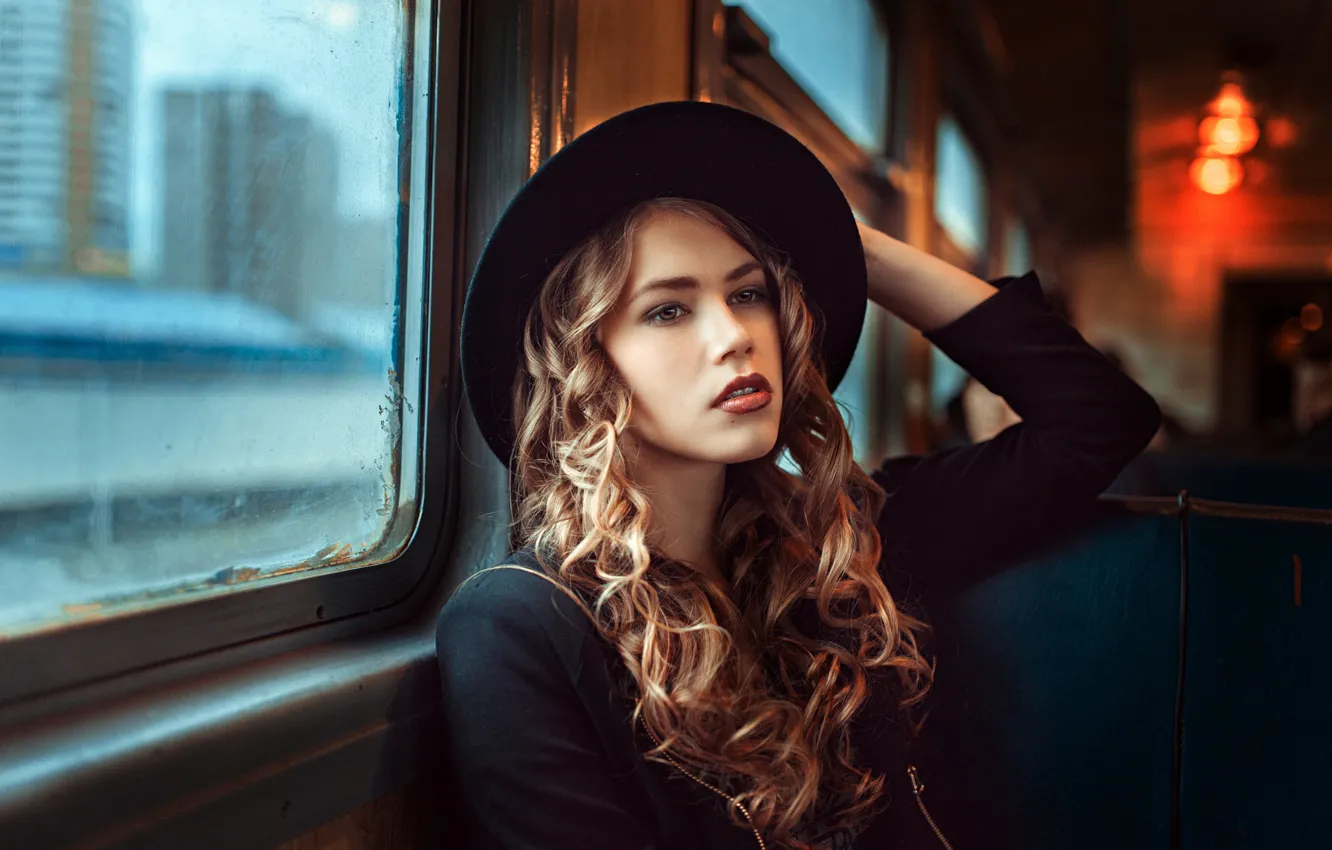 Photo wallpaper girl, cars, window, hat, curls, George Chernyadev, Traveler