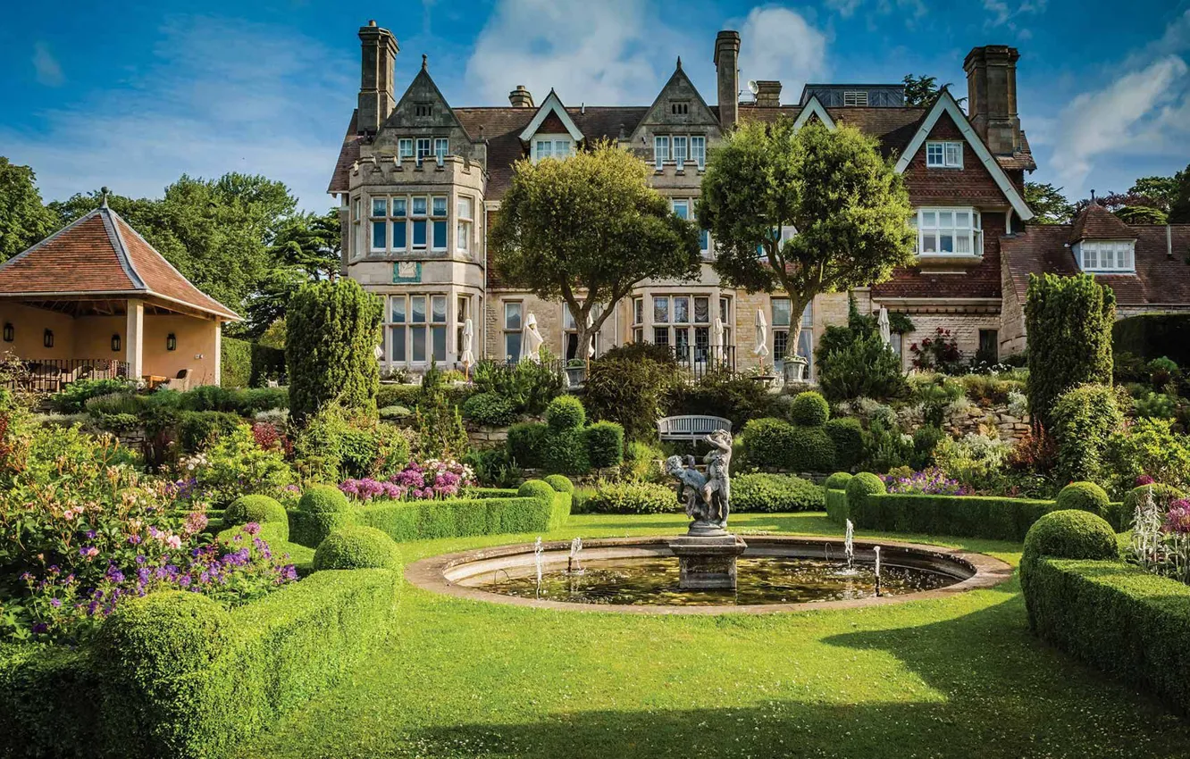 Photo wallpaper summer, castle, England, garden, architecture, view of a British manor house