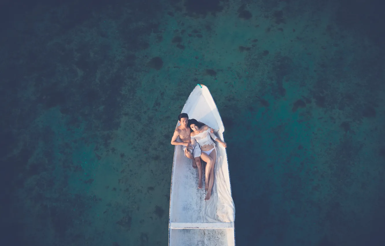 Photo wallpaper lake, surface, woman, boat, male, pond, water, Asian