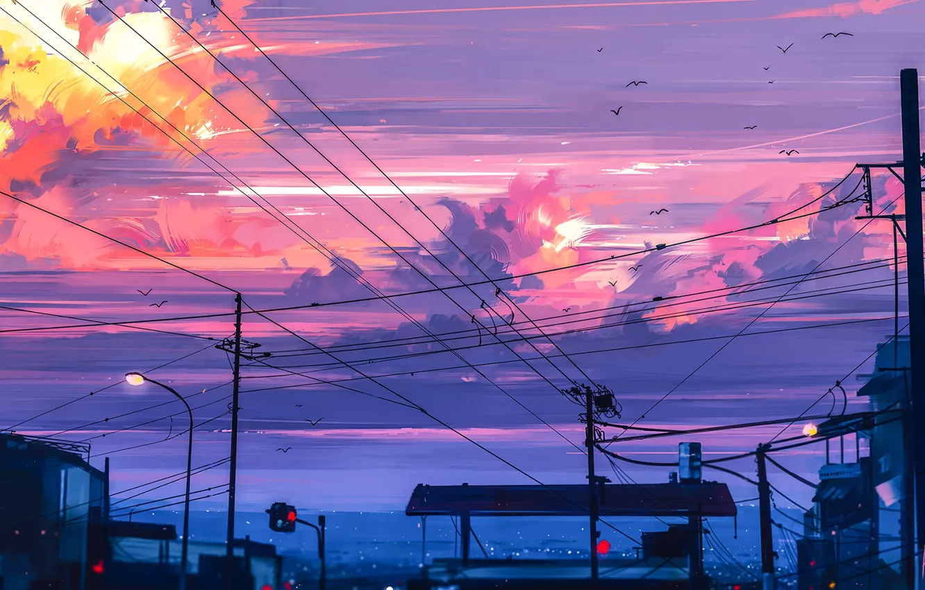 Photo wallpaper birds, posts, wire, the evening, traffic light, twilight, art, stop