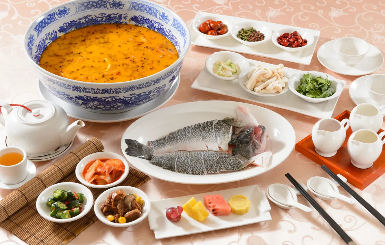 Photo wallpaper fish, soup, vegetables, cuts