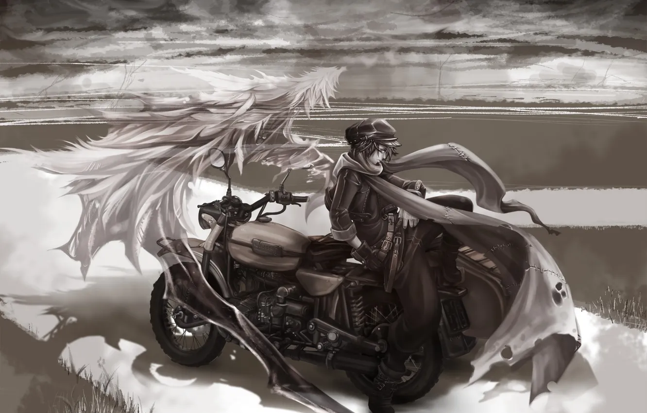 Photo wallpaper road, spirit, art, motorcycle, guy, cloak, monochrome