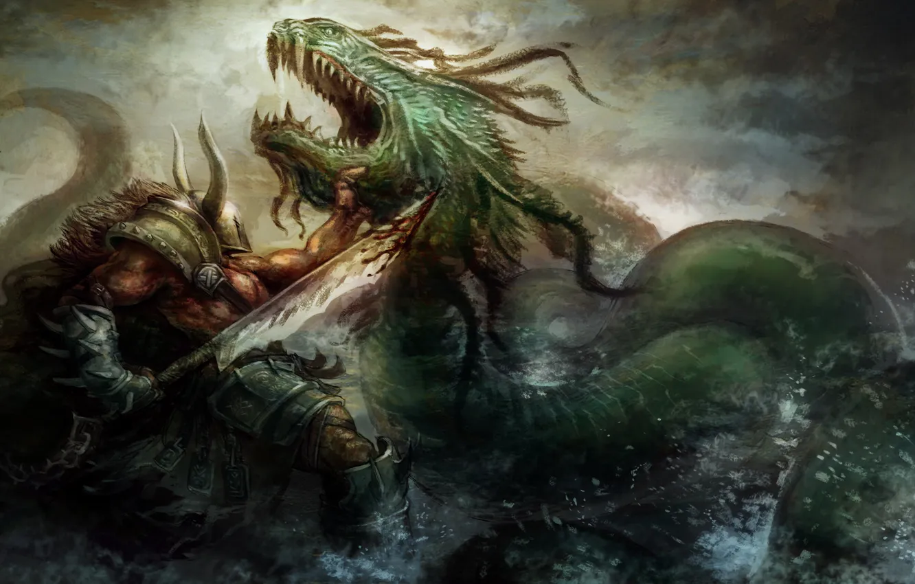 Photo wallpaper sea, fiction, the ocean, monster, sword, armor, warrior, art