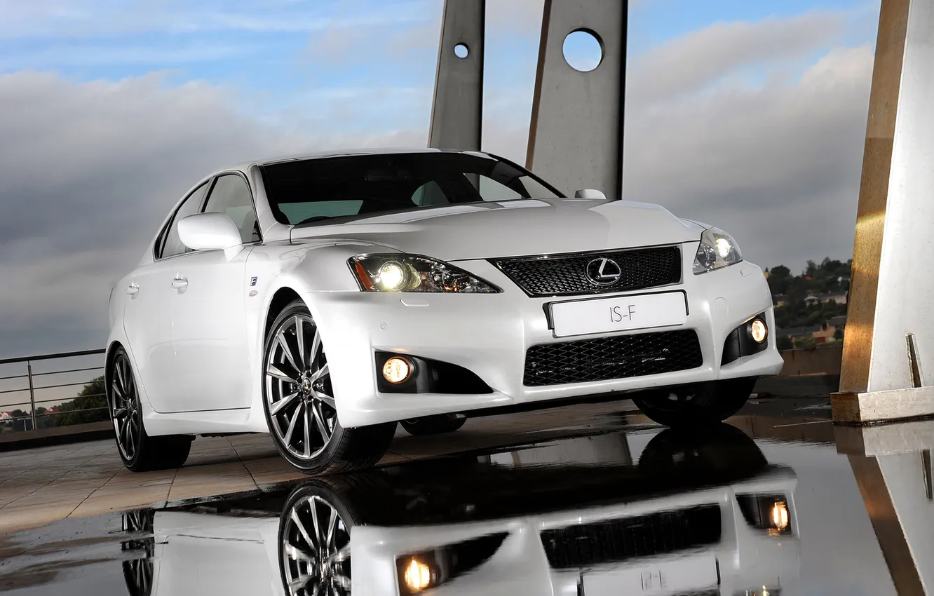 Photo wallpaper white, the sky, reflection, Lexus, puddle, support, IS-F, sedan