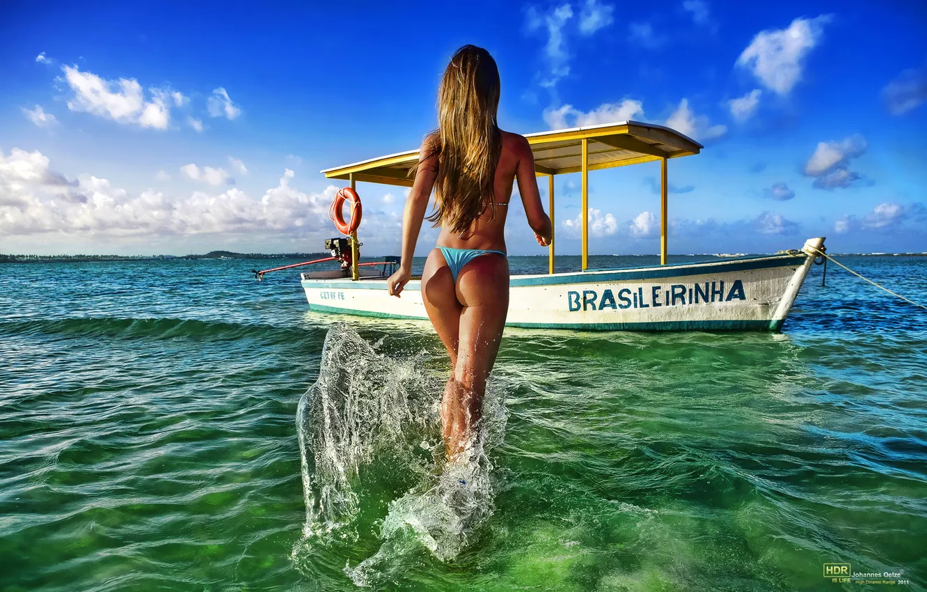 Photo wallpaper sea, the sky, girl, clouds, boat