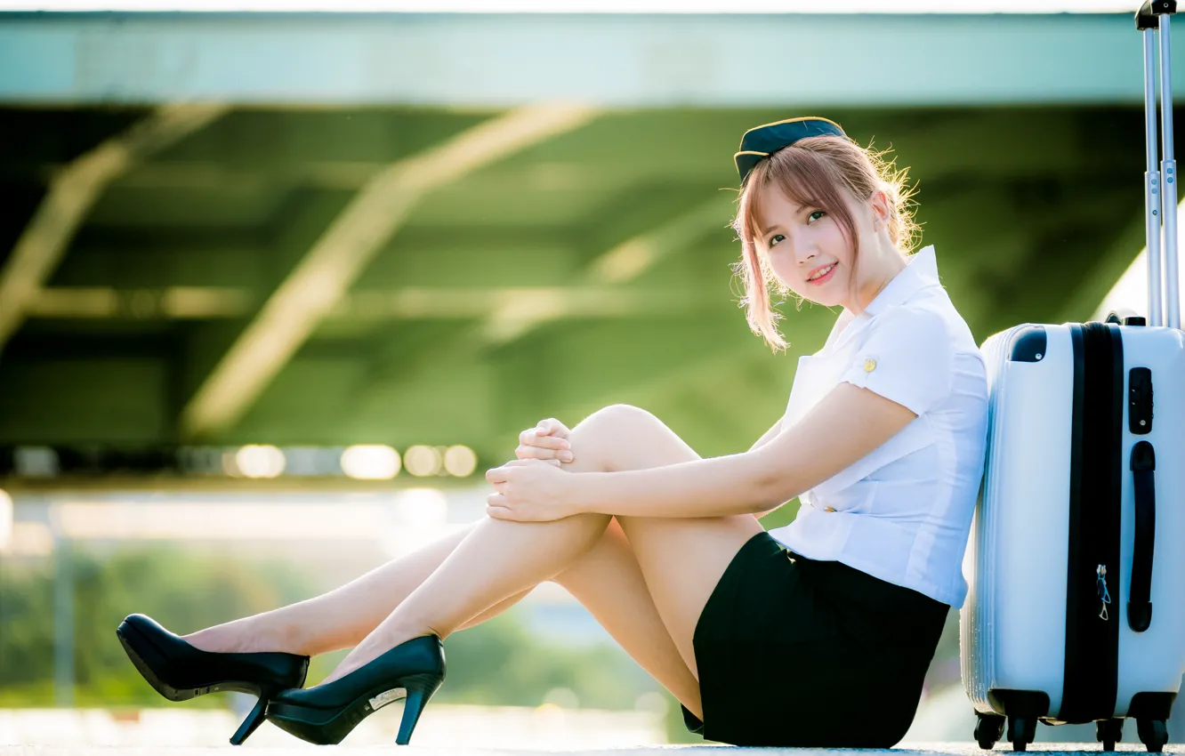 Photo wallpaper girl, Asian, cutie, uniform, bokeh, stewardess, beautiful legs