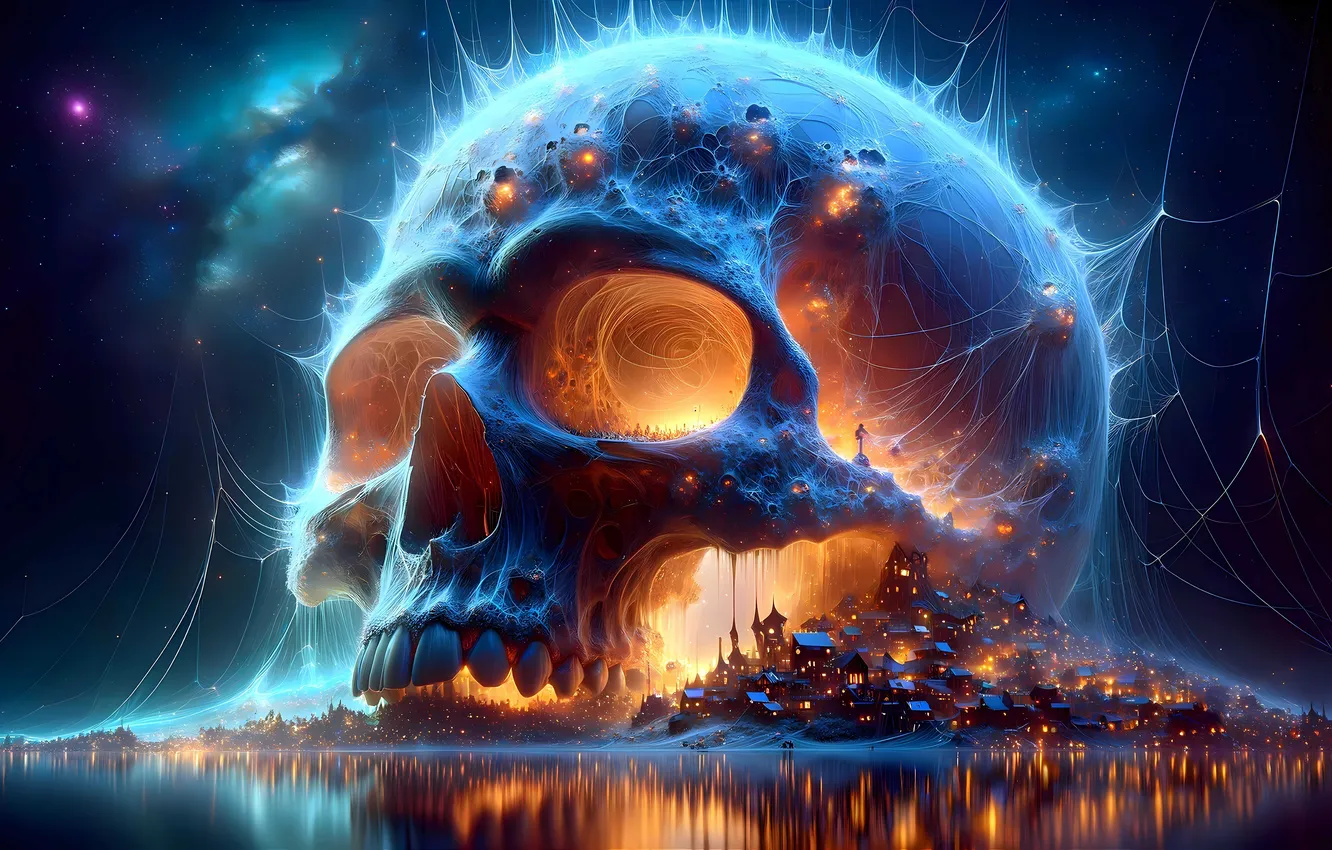 Photo wallpaper night, the city, lights, lake, lights, skull, web