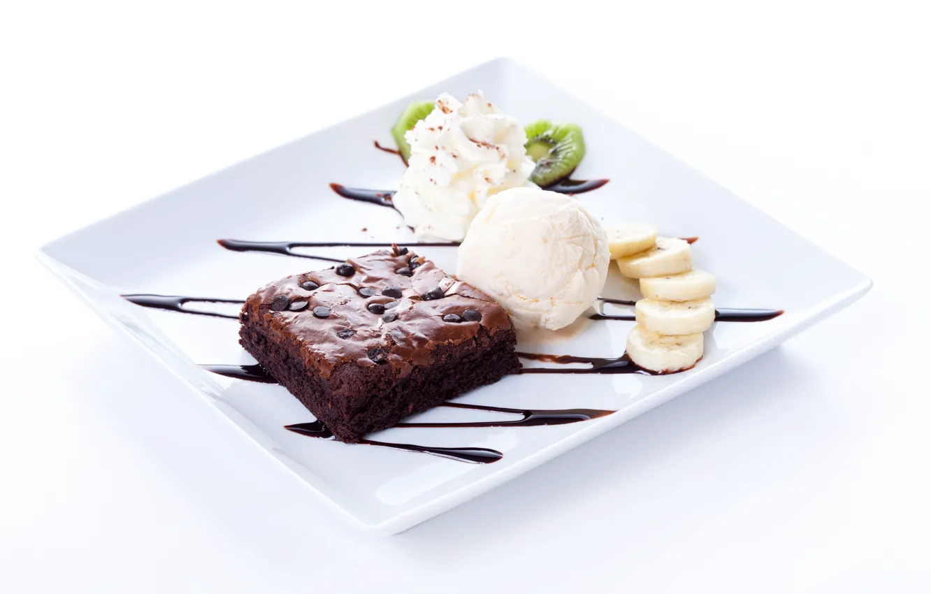 Photo wallpaper kiwi, ice cream, bananas, cake, dessert, chocolate, syrup, whipped cream