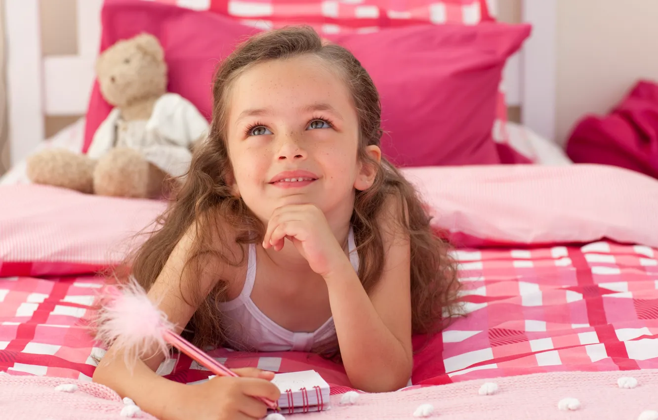 Photo wallpaper children, childhood, sweetheart, bed, bear, handle, Notepad, notebook