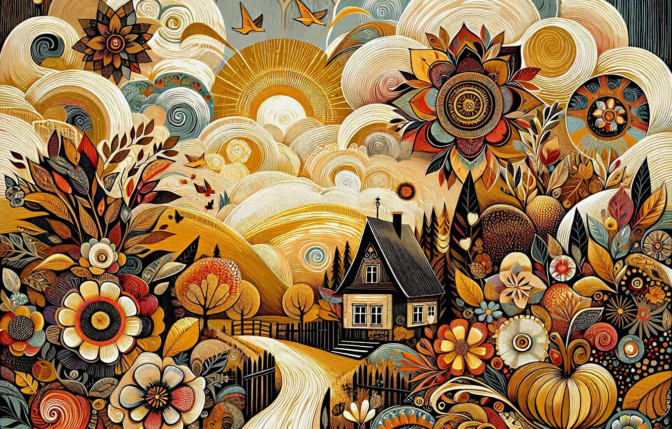 Photo wallpaper road, autumn, the sun, clouds, flowers, pattern, styling, garden