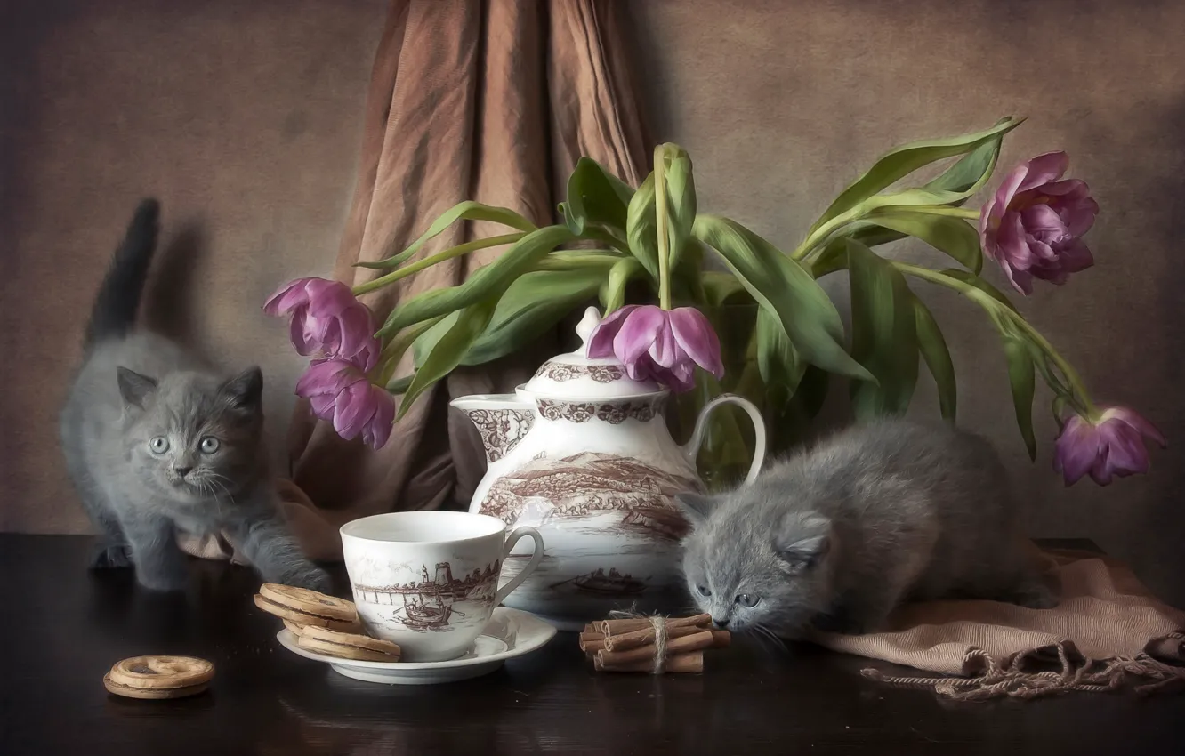Photo wallpaper flowers, table, cookies, kittens