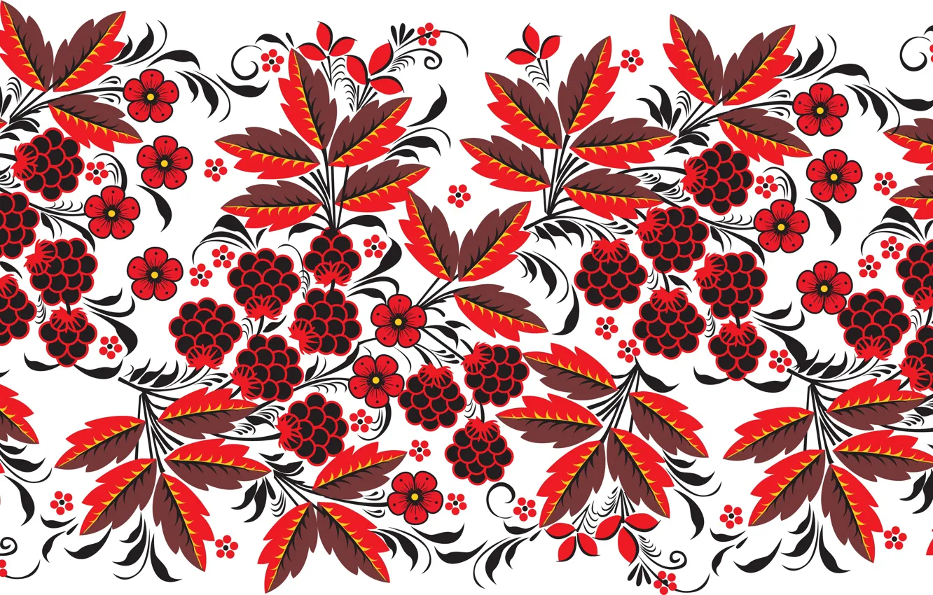 Photo wallpaper leaves, flowers, berries, pattern, Khokhloma, BlackBerry