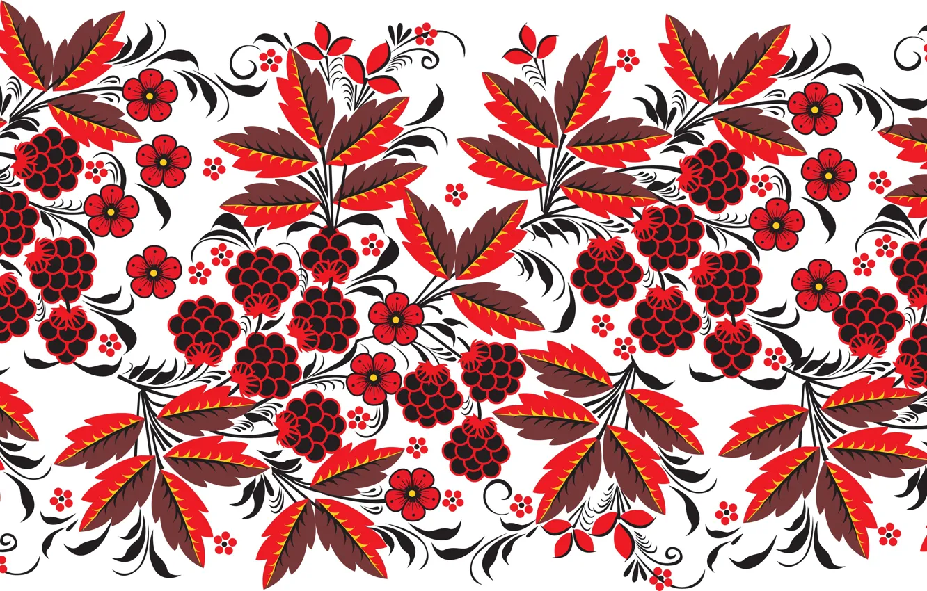 Photo wallpaper leaves, flowers, berries, pattern, BlackBerry, Khokhloma