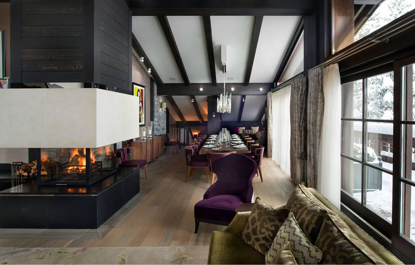Photo wallpaper style, interior, fireplace, living room, Suite, luxury, dining room, Chalet