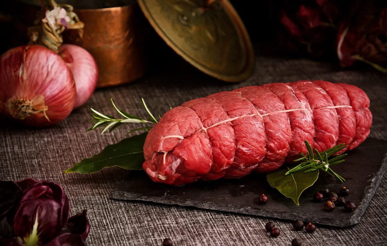 Photo wallpaper table, Board, rope, bow, meat, dishes, fresh, spices