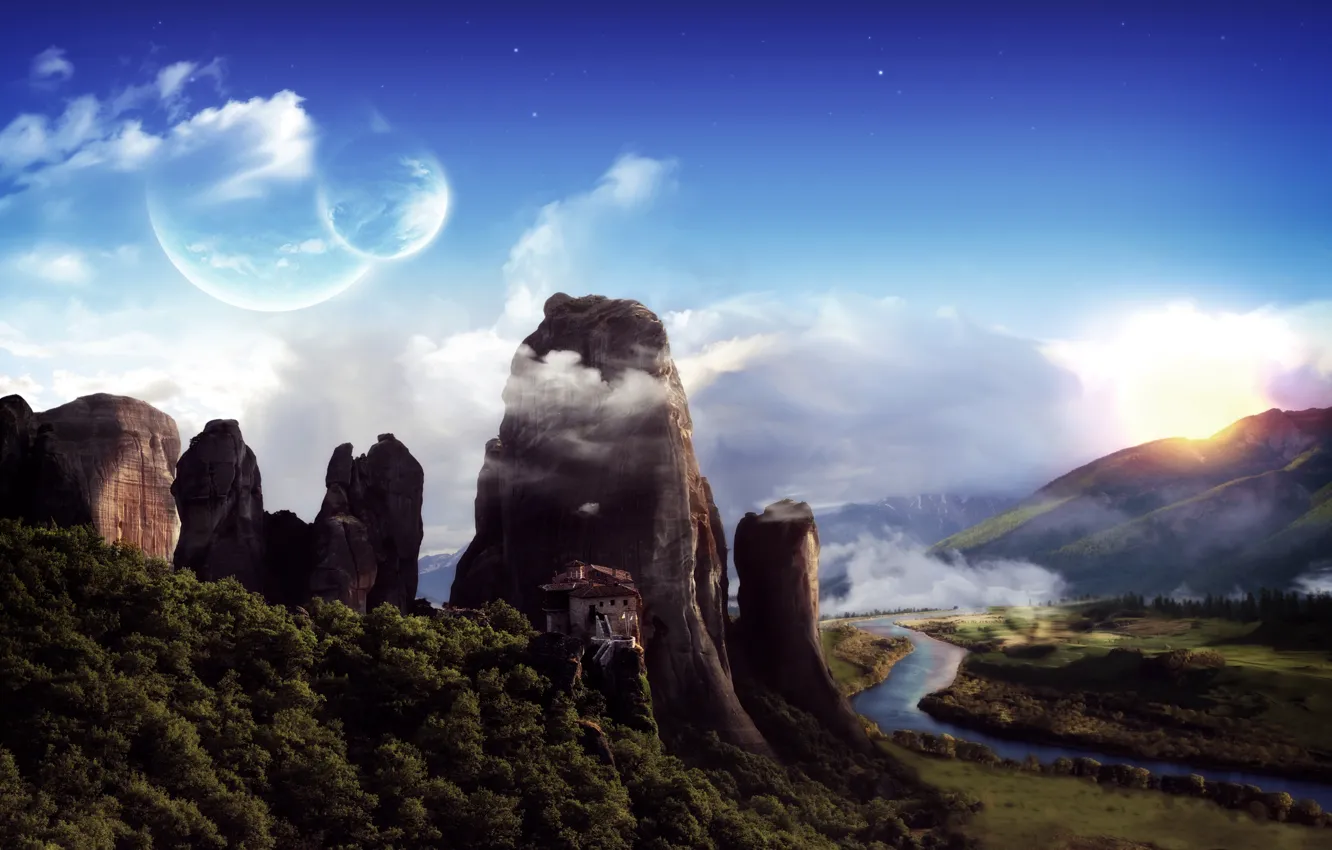 Photo wallpaper mountains, planet, the monastery