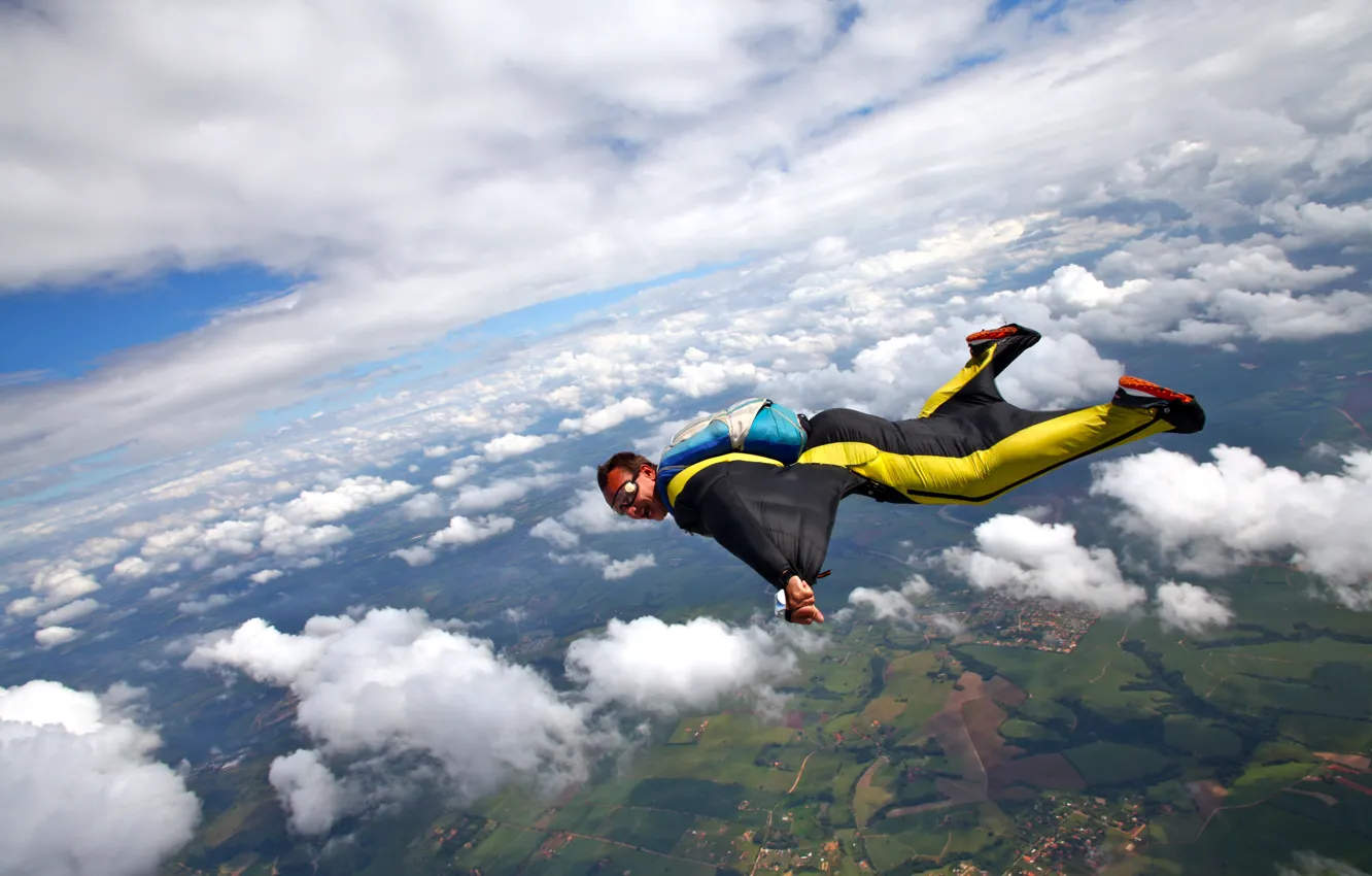 Photo wallpaper photo, Clouds, Sport, Flight, Male, Uniform, Parachuting, skydiving