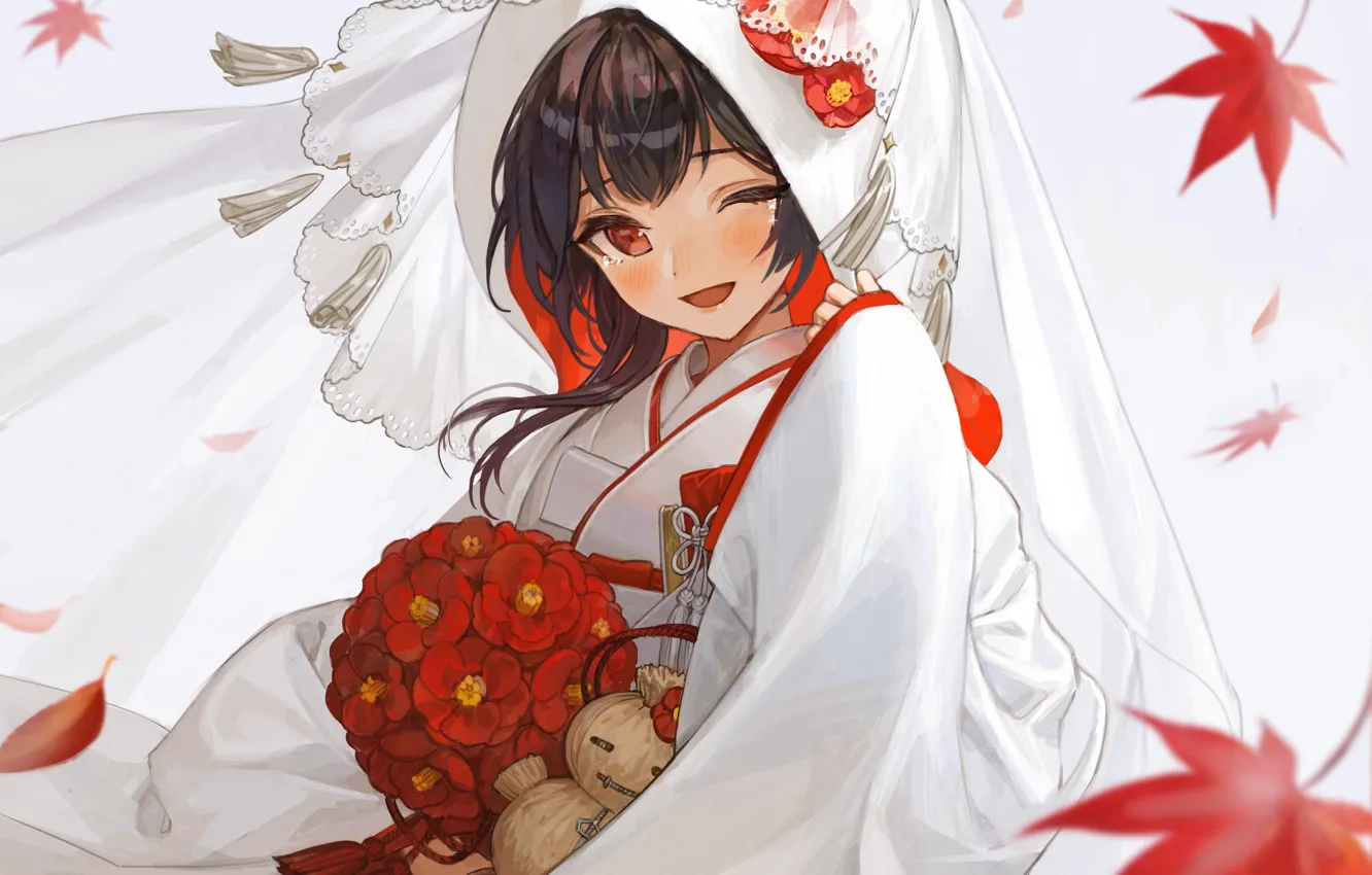 Photo wallpaper leaves, bouquet, tears, the bride, The iDOLM@STER: Shiny Colors, Rinze Morino, straw doll