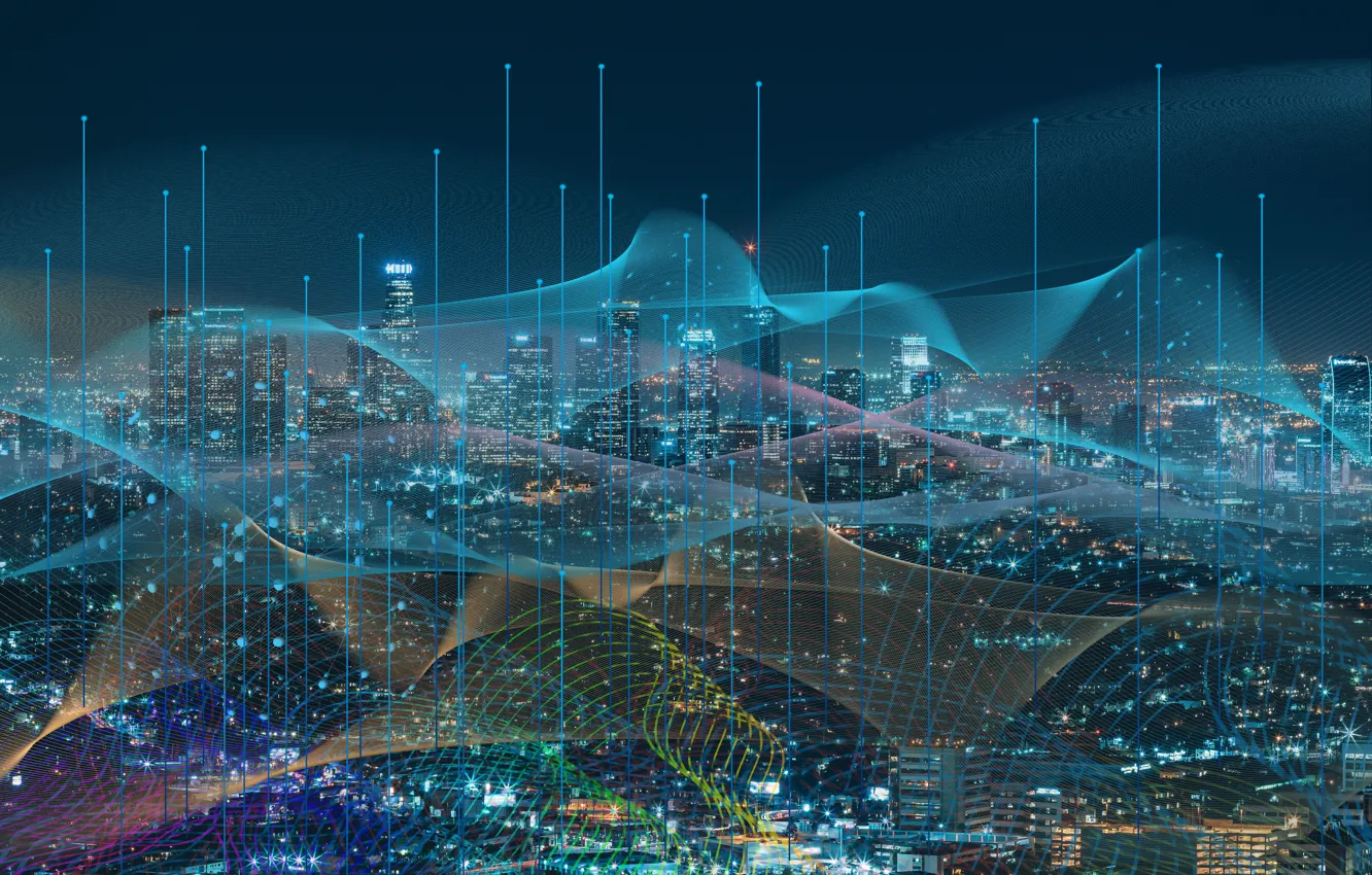 Photo wallpaper wave, the sky, night, the city, lights, network, building, home