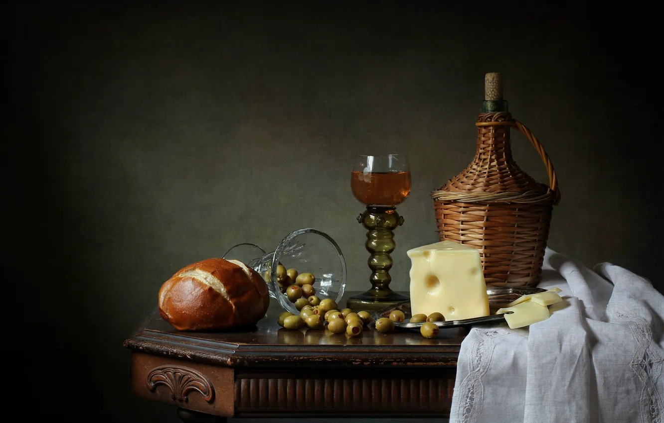 Photo wallpaper wine, glass, bottle, cheese, bread, olives