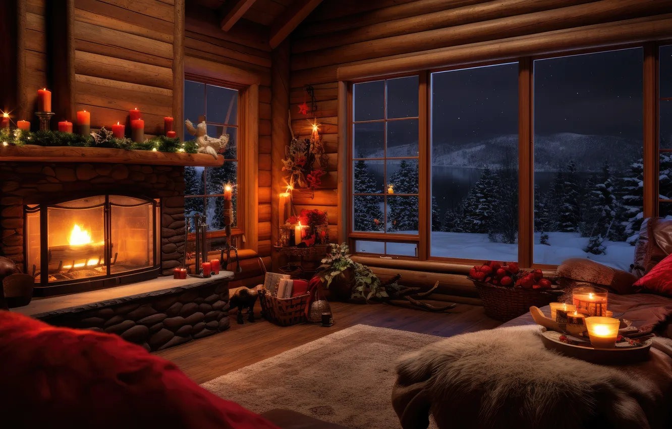Photo wallpaper winter, snow, comfort, room, window, fireplace, winter, snow