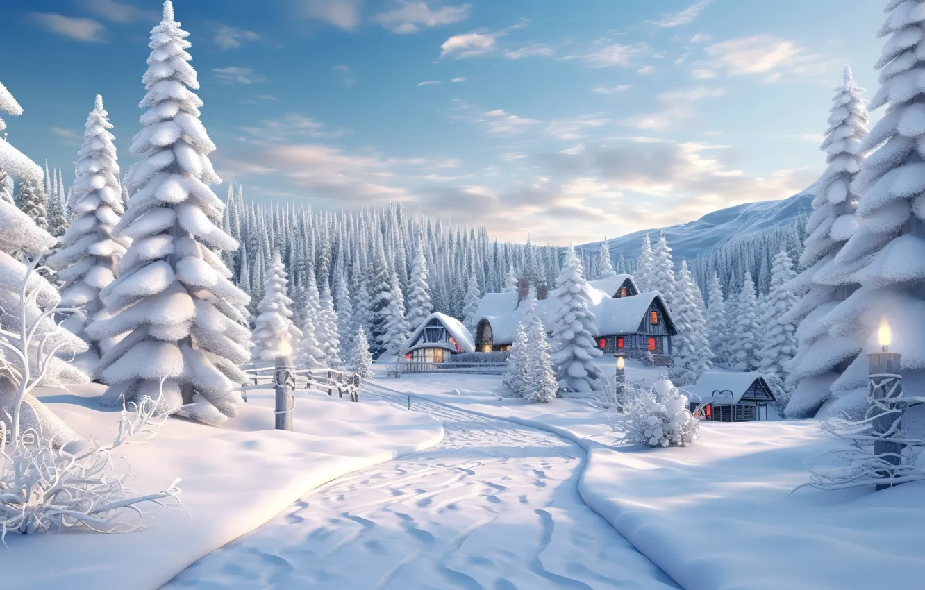 Photo wallpaper winter, forest, snow, tree, New Year, village, Christmas, houses