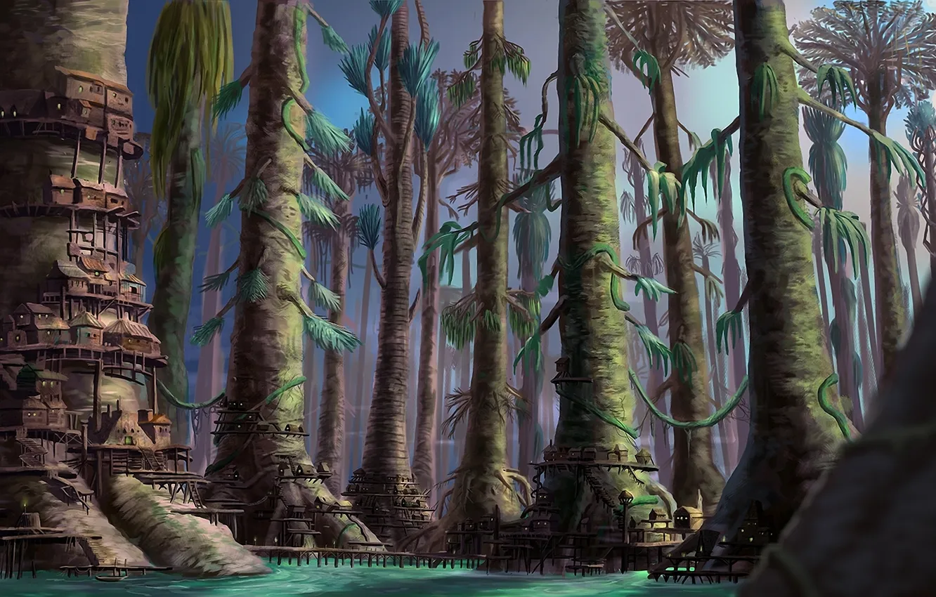 Photo wallpaper water, trees, bridge, home, art, buildings, gigantic